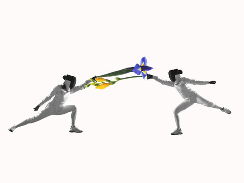 Contemporary art collage, modern design. Summer mood. Two fencing girls using flowers for fighting on white