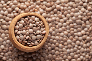 Macro Close-up of Organic masoor dal (Lens culinaris) or whole brown dal in an earthen clay pot (kulhar) on the self background. Top view