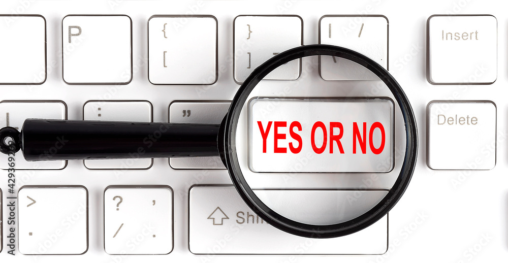 Poster computer keyboard with word yes or no on white button, closeup