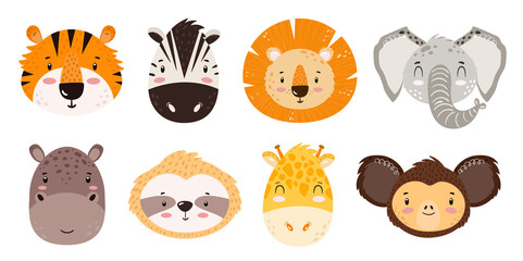 Set of cute safari animal faces. African wild animals isolated on white background. Hand drawn cartoon style vector illustration for kids. Lion, tiger, hippo, zebra, giraffe, monkey, elephant, sloth
