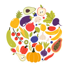 Set of fresh fruits and vegetables in round shape. Organic healthy food concept. Vegan menu. Hand drawn vector illustration, cartoon style, isolated on white background. 
