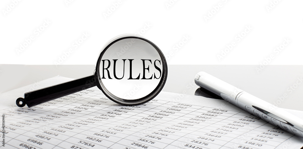 Poster magnifying glass with text rules on chart background with pen