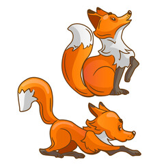 two little foxes play on a white background. vector illustration.