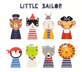 Cute little animals in sailor, pirate costumes set, isolated on white. Hand drawn vector illustration. Scandinavian style flat design. Concept for kids nautical fashion, textile print, poster, card.