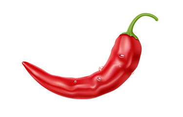 Realistic red hot chili pepper with drops, hot spice, vector icon, food ingredient and vegetable food.