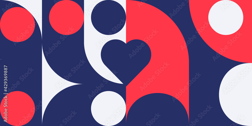 Aufkleber Romantic vector abstract  geometric background with hearts, circles, rectangles and squares  in retro scandinavian style. Pastel colored simple shapes graphic pattern. Abstract mosaic artwork.