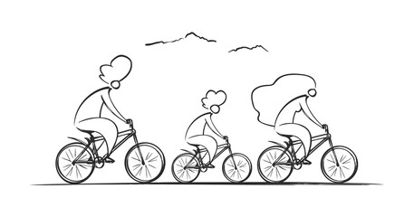 Vector Hand Drawn Cute family riding bicycles. Leisure and Sports outdoor activity. Sketch line design