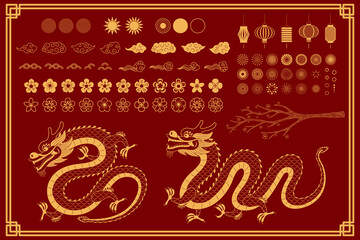 Chinese, Asian dragon traditional oriental gold elements collection, clouds, fireworks, flowers, sun, tree branch, lanterns. Isolated on green. Hand drawn vector illustration. Eastern style line art.