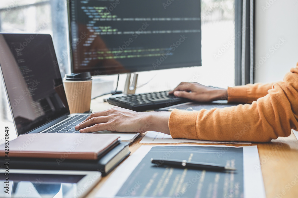 Aufkleber young professional programmer working at developing programming and website working in a software de