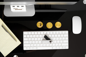 UKRAINE, ROVNO - On April 5: Ledger hardware wallet for cryptocurrency on a black background