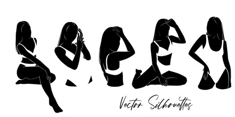 Vector women silhouette in bikini, swimsuit. Sexy Girls at the beach, Summer illustration. Abstract people set. Black and white.