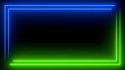 Sci Fy neon glowing lines on black background. Blank background in the center. Simple neon frame. 3d rendering image.