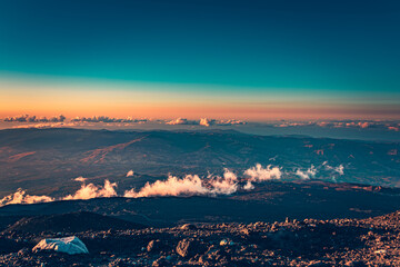 Dreamy sunset above the sky. View from the top of Mt Etna 