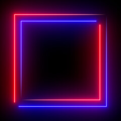 Sci Fy neon glowing lines on black background. Blank background in the center. Simple neon frame. 3d rendering image.