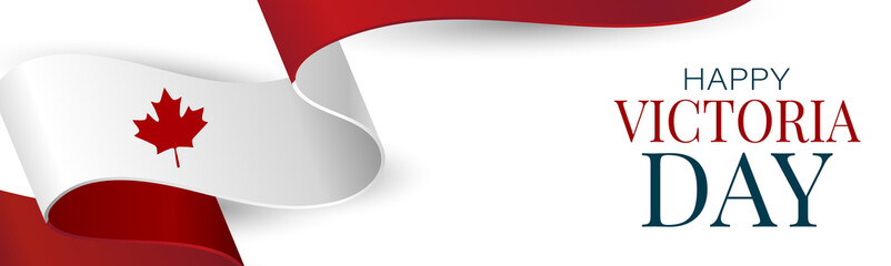 Victoria Day Canada Holiday banner background. Waving ribon, national white and red flag with maple leaf style. Vector illustration with lettering.