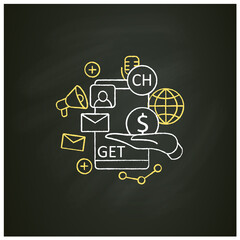 Chat invite buy chalk icon. Shares purchase.Communication application with friends.Invitation link. Invite message. Voice communicate concept.Isolated vector illustration on chalkboard