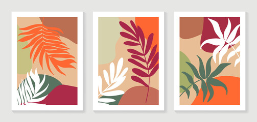 Fototapeta na wymiar Mountain and Botanical wall art vector set. Earth tones landscapes wallpaper. Oasis Tropical backgrounds collection with mountain, sand, palm,Twigs leaf, moon or sun. Vector illustration.