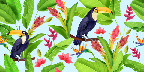 Tropical vector seamless pattern, toucan, floral jungle texture, paradise flowers, green banana leaf. Summer Hawaii nature background, rainforest wildlife wrapping paper design. Blue tropical pattern © Oleksandra