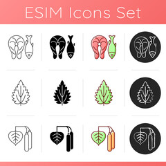 Common allergens icons set. Fish and marine food. Nettle leaf. Birch pollen. Reason for allergy. Herbal ingredients. Linear, black and RGB color styles. Isolated vector illustrations