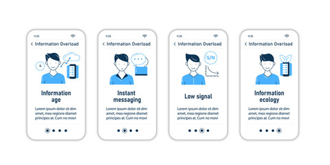 Information overload onboarding mobile app screens. Consists of info age, instant messaging, low signal, info ecology steps menu. Set of UI, UX, web template with RGB color linear icons