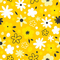 Childish yellow daisy flowers seamless vector pattern. Naive floral ditsy calico spring bloom background for kid baby nursery fabric textile print