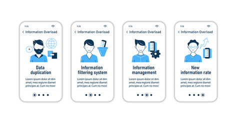 Information overload onboarding mobile app screens. Consists of data duplication, filtering system, info management, new rate steps menu. Set of UI, UX, web template with RGB color linear icons