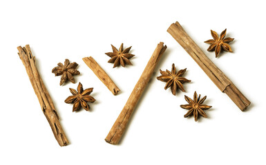cinnamon stick and star anise on white background.Scented spices