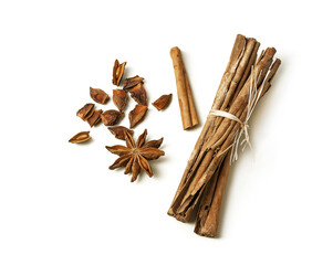 cinnamon stick and star anise on white background.Scented spices
