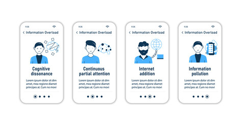 Information overload onboarding mobile app screens.Consists of cognitive dissonance, partial attention, internet addition,info pollutionsteps menu.Set of UI,UX,web template with RGB color linear icons
