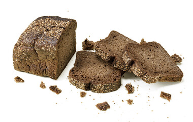Sliced homemade brown bread with cereals. Isolated over white