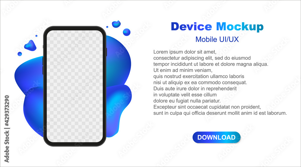 Poster smartphone blank screen, phone mockup with liquid shape. modern template for infographics or present
