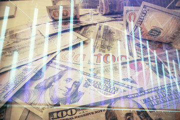 Multi exposure of forex chart drawing over us dollars bill background. Concept of financial success markets.