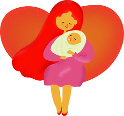 Sweet and kind mother cuddling baby with orange-red heart. The concept of Mother's Day, feeling the heart and warmth, the relationship between mother and son or daughter, holding the baby, taking care