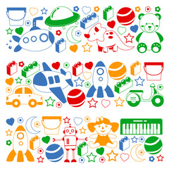 Kindergarten pattern with little children and toys. Creativity and imagination.