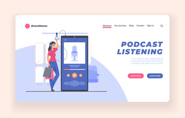 Podcast listener, webinar, online training, audiobook concept. Landing page website banner vector template, poster, advertising. Woman in public transport listening to podcast using mobile app