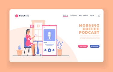Podcast listener, mobile service or app advertising landing page vector template or poster. Young woman in pink dress sits at cafe table drinking coffee and listening to podcast using smartphone
