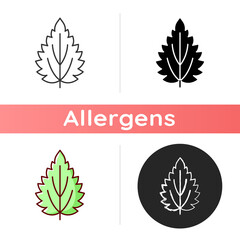 Nettle icon. Alternative medicine. Herbal ingredient for homeopathy. Common toxic allergen. Seasonal allergy for plant. Linear black and RGB color styles. Isolated vector illustrations