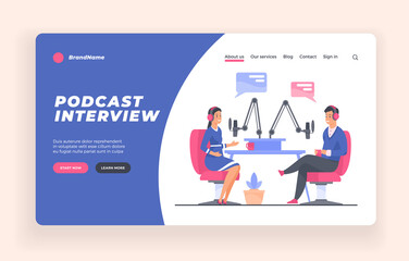 Podcast interview show advertising banner or poster template. People making podcast. Cartoon characters talking to microphone and recording audio podcast. Online radio, interviewing a guest