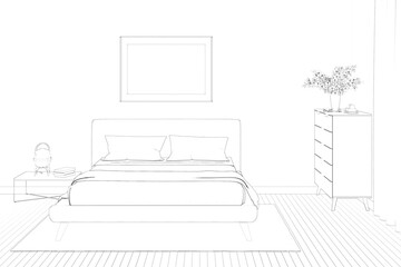 Sketch of the bedroom with a horizontal poster over the head of the bed, vases of flowers on the chest of drawers by the window, a lamp on the bedside table by the bed. Front view. 3d render