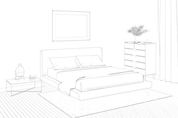 Sketch of the bedroom with a horizontal poster above the double bed, next to it is a lamp on a coffee table, a vase of flowers on a dresser next to the window, a carpet on the tiled floor. 3d render