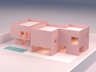 Pink background architecture scene.  Minimal design pink house. Housing model with a swimming pool.  Elegant architectural illustration for advertising or presentations. 3d render.