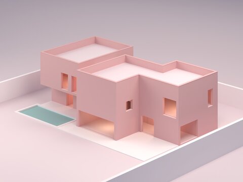 Pink background architecture scene.  Minimal design pink house. Housing model with a swimming pool.  Elegant architectural illustration for advertising or presentations. 3d render.