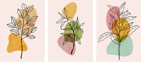 Abstract Botanical Wall Art with Abstract Leaves, set. Boho botanical branch with leaves art for wall decoration, postcard or social media post, banner, invitation, brochure. Vector illustration.