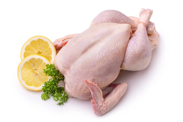 Raw chicken, lemon wedges and a bunch of parsley. Isolate on white background. View from above