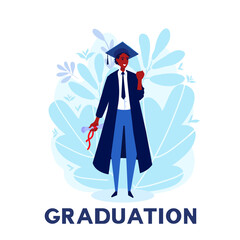 A student celebrating graduation, diploma. A person wears a graduation gown. Graduate ceremony. A vector cartoon illustration.