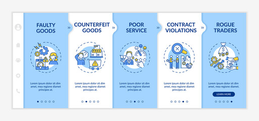 Customer claims onboarding vector template. Responsive mobile website with icons. Web page walkthrough 5 step screens. Rogue traders, counterfeit goods color concept with linear illustrations