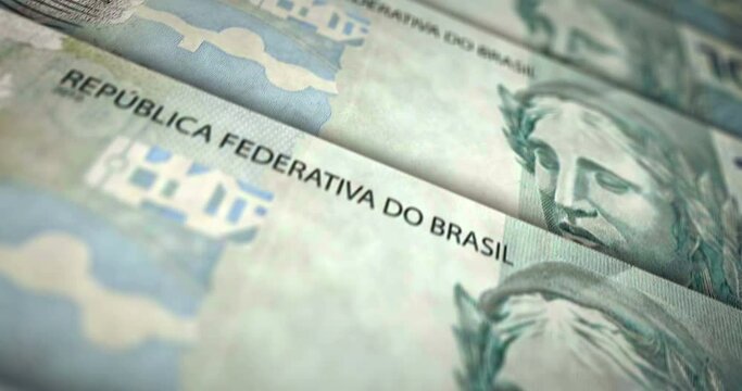 Brazilian Real banknote loop. BRL money texture. Concept of economy, business, crisis, banking, recession, debt and finance in Brazil. Moving over note. Loopable seamless 3d animation.