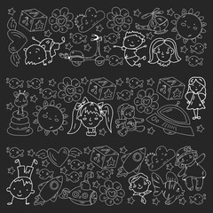Vector pattern with boys and girls. Kindergarten and toys. Happy childhood and creativity with imagitanion.