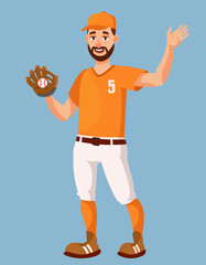 Baseball player waving hand. Sportsman in cartoon style.
