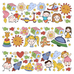 Vector pattern with boys and girls. Kindergarten and toys. Happy childhood and creativity with imagitanion.